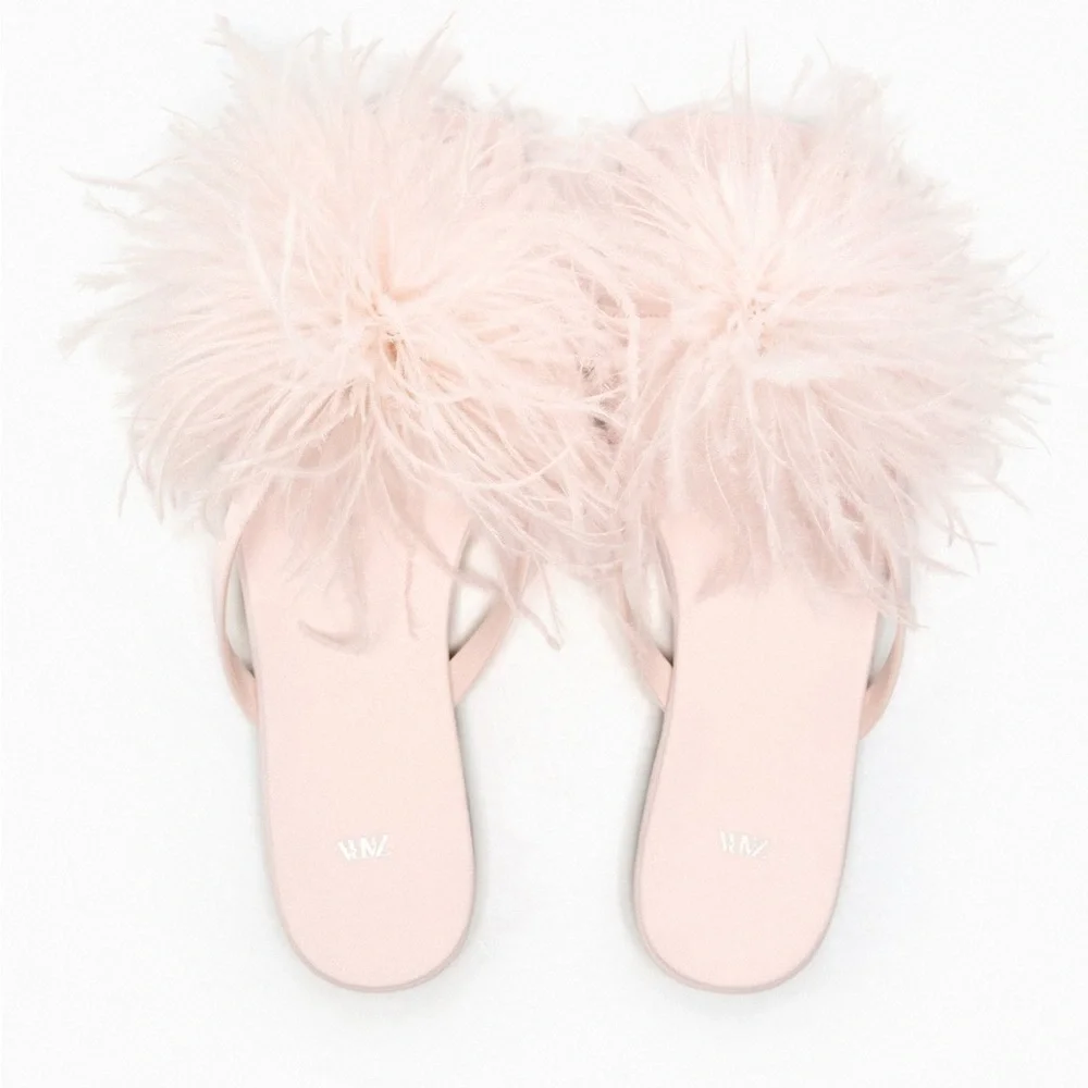 NWT. Zara Light Pink Feathers Flat Fabric Sandals. Size  7,5. 8 - Picture 5 of 9